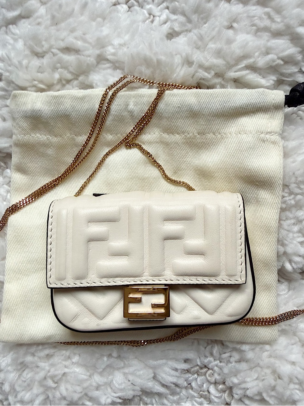 Fendi Nappa Leather Zucca FF Nano Baguette Ivory crossbody bag charm
